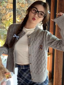 Áo Len Cardigan Len Dệt Kim Màu Xám Cho Nữ Áo Len Cardigan Thêu Hình Gấu Áo Len Cardigan Đầu Thu Áo Len Cardigan Kiểu Dáng Nhỏ