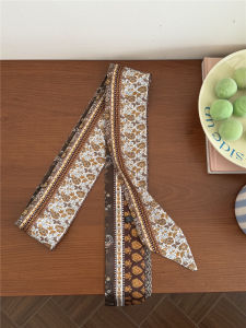 Pouie | Floral Narrow Long Silk Scarf for Women Fashionable Decorative Accessory