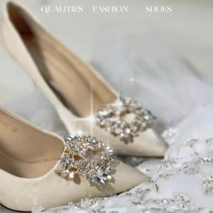 สวมใส่สองทาง ผ้าซาติน สีแชมเปญเพชรเจ้าสาวรองเท้าส้นสูงส้นวิจิตรรองเท้าแต่งงานที่สะดวกสบายสําหรับผู้หญิง < Ne1> รองเท้าแฟชั่นเดียว