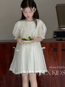 Princess Style White Dress for Girls with Butterfly Knot Bubble Sleeves Childrens Fashion Summer New Arrival Girls Dress