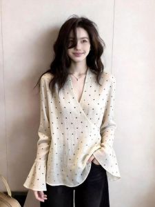KUNAILIN | Polka Dot V-neck Fashion Shirt Long Sleeve