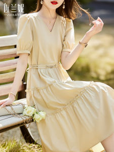 Elegant French Style Long Dress Womens Summer 2025 New Waist-Cinching Slimming High-Quality Luxury A-Line Cotton Blend Dress