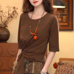 BINKAFENNY | เสื้อยืดคอกลมแขนสั้นสีน้ำตาลไซส์ใหญ่สำหรับผู้หญิง