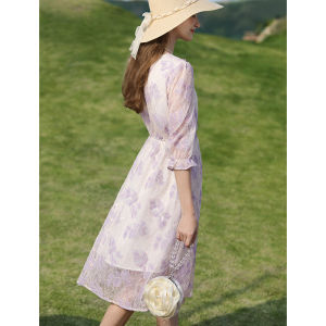 French Style Dopaamine Sweet Style Floral Lace Midi Dress Womens Summer New Slimming High Waist A-Line Dress V-Neck Sleeveless