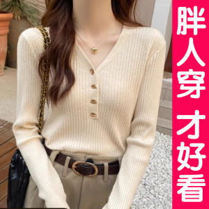 Fancy Super Nice Sweater Plus Size V Neck Inner Bottoming Shirt Female Fat Sister Knitwear Tops Plus Size Ladies Fall and Winter