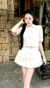 L_ Set đồ nữ thiết kế set tiểu thư sang trọng đi tiệc đồ dự tiệc áo croptop Ren tay lỡ 2 lớp cổ sơ mi mix chân váy mini Ren tầng