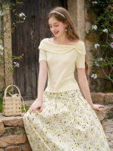 XIANGYING | French Yellow Off-Shoulder Knitted Blouse