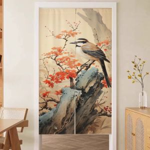 VIKAMA Chinese Ink Painting Flower and Bird Japanese Door Curtain Aesthetic Noren Partition Curtain Vintage Home Decor