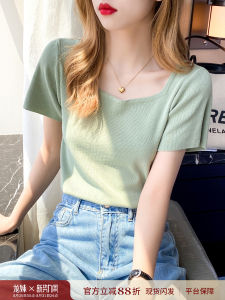 เสื้อยืดแขนสั้นผ้าไหมน้ำแข็งสำหรับผู้หญิง ฤดูร้อนปี 2025 เสื้อคอเหลี่ยมสไตล์ฝรั่งเศสย้อนยุค เสื้อตัวบนเอวสูง เสื้อตัวบนแขนสั้น