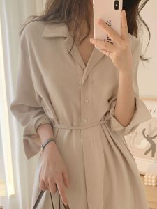 Sang Trọng Lịch Sự Mùa Thu Phong Cách Mới Đầm Sơ Mi Với Xẻ Tà Nút Đơn Vòng Eo Cinching Tie Belted西装 Cổ Áo Nữ Thời Trang Đầm