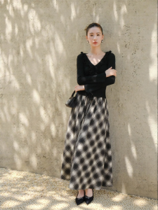 XXNING | Vintage Black Plaid Printed Maxi Skirt High Waist Slimming