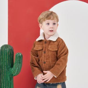 Rolanko Kids Boys Corduroy Jacket Children Lamb wool Flip Collar Button Casual Outerwear Coat School Daily Wear