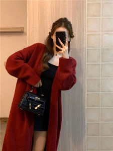 New Year Red Sweater Cardigan Coat Womens Long below the Knee Idle Style Loose Woolen Soft Glutinous Fall and Winter Fancy Overcoat