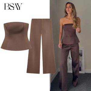 BSAY Satin Texture Pants set 2pc suit Women Fashion Autumn Sleeveless Strapless waistcoat Top chic High Waist casual trousers