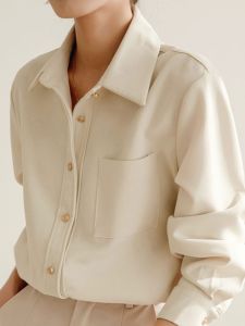 Corduroy Thickened Sanded Fabric Shirt Womens Fall and Winter French Style Retro Loose Leisure All-Matching Bandage Dress Tops Long Sleeves Shirt