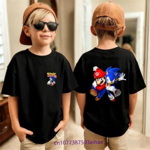 Bandai | Sonic Pattern Summer Short Sleeve T-Shirt Breathable Soft Cotton Casual Sportswear Comfortable Cartoon Top for Boys and Girls