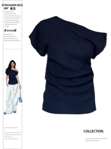 Slimming Short Sleeve T-Shirt Womens Summer New Style Shoulder Baring Design plus Size Pure Desire Style Casual Fashion Top