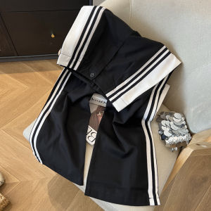 High Waist Striped Sports Pants Womens Loose Straight Casual Trousers American Style Fall Fashion Floor-Length Draping