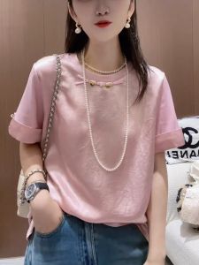 Trendy First-Line Brand Discount Leak-Picking New Chinese Style National Style Buckle T-shirt Female Minority All-Match Short Sleeve Silk Tops