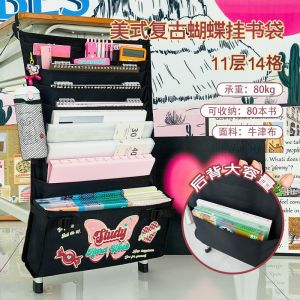 Large Capacity Oxford Cloth Book Bag Side Hanging Desk Organizer Thickened Student Table Storage Bag Retro American Style