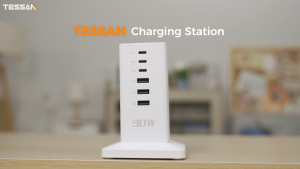 TESSAN 30W Multi-Device Charging Station – Compact Power Tower with 6 USB Ports Dual USB-C & Universal Plug