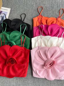 Luxury French Style High Collar Vest Top for Women Summer 3D Flower Design Pure Desire Hot Girl Shirt Single Piece Slim Fit Work Clothing