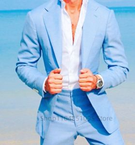 Mens Blue Linen Notch Lapel One Button Slim Fit Blazer with Pants 2 Piece Wedding Groom Tuxedos Casual Summer Beach Men Suits