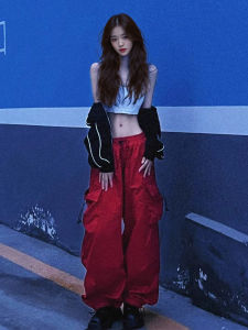 Loose Straight Leg Casual Jazz Dance Pants Womens Spring Autumn Red High Street Workwear Trousers Multiple Pockets Street Style