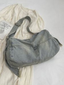 Kangaroo Korean Style Jean Bag Washed Denim Messenger Bag Large Capacity Travel Bag Tote Bag College Student Commuter Bag