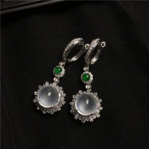 New White Chalcedony Glass Earrings Silver-Plated Jade Inlaid Retro Ethnic Style