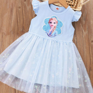 2 3 4 6 8Yrs Summer Dress with Frozen Princess Elsa Sequins Little Girl Casual Costume Sundress 3 Layers Knee Length Cute Frock