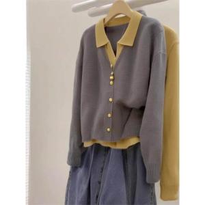 Áo Len Polo Màu Tương Phản Phong Cách Lười Biếng Đầu Thu Cho Nữ Áo Khoác Ngoài Màu Xám Cổ Tròn Tay Dài Thường Ngày Bằng Polyester