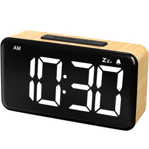 Wood Grain Digital Alarm Clock LED Display Snooze Function Adjustable Brightness USB Powered Desk Clock Bedroom Wake Up Clock