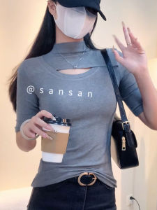 Spring Womens Hollow out mid Sleeve Half High Collar Base Shirt Grey T-Shirt Slim Fit Korean Style Commute Pure Color Top