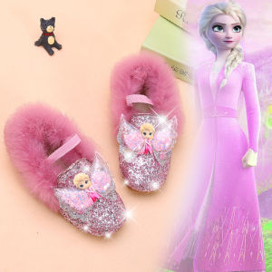 Girls Furry Boots Winter Fleece Lined Bean Shoes Sparkling Princess Slip-On Low Cut Fashion Boots Soft Bottom Cotton Shoes