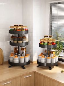 ชั้นวางเครื่องปรุงในครัว หมุนได้ 360° รอบสีเหลี่ยม สีดำ