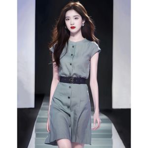 Elegant Fashionable Slimming Short Sleeve round Neck Dress Womens Summer New Style Dress Polyester Fiber A-Line Skirt