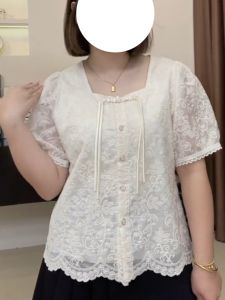 plus Size Chinese Style Button Short Sleeve Lace Shirt Women Summer Fashion Slimming High End Feelings Commute Style Loose Fit