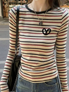 Red Striped Loose Fit Pure Cotton Long Sleeve Womens T-Shirt Spring Summer Autumn Inner Wear Base Shirt Korean Style Commute