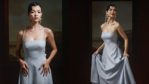 Đầm 2 dây dáng xoè cổ điển THE COUNTRY Sabrina House Dress vải tweet viền lưới trắng