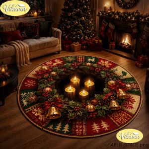 VIKAMA Christmas Round Rug Holly Berries Gold Bell Bow Christmas Tree Area Rug Living Room Holiday Home Decor Aesthetic Art Cute