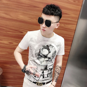 Summer Trendy Short Sleeve T-Shirt Mens Slim Fit Creative Interest Print Breathable Cotton Youth Fashion Casual Geometric Pattern