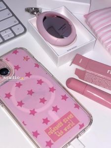 Romantic Pink Star Magnetic Wireless Charging Phone Case Stand Compatible with Apple iPhone New Models Personality Korean Style