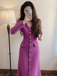 SHANGSHA | Autumn French Style Elegant Purple Waist Cinched Dress