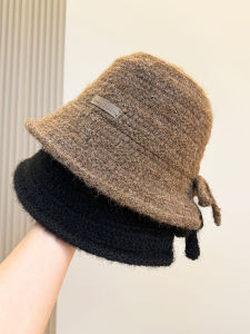 Warm Knitted Woolen Fishing Cap Womens Autumn Winter Fashion Butterfly Knot Bucket Hat Face Slimming Sun Protection Casual Style