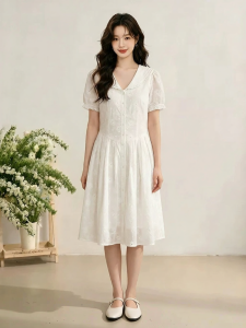 SANFU | Summer New Fashion Lace Patchwork Wooden Ear Sleeve V-neck Womens Dress