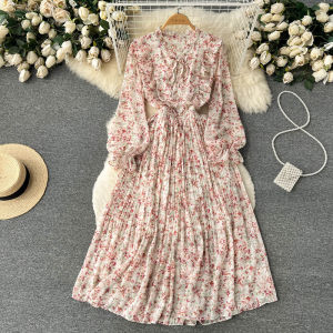 Spring 2023 French Style V-neck Long Sleeve Floral Print Waist-cinching Fresh Style Womens Gored Skirt Dress Mid-length A-line