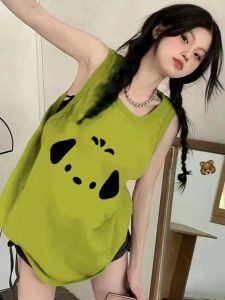 Sophie Castle American Retro Dog Print Pure Cotton T-shirt for Women Summer Outdoor Wear Breathable Sports Vest Top INS