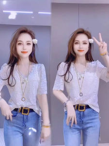 WANGGONGZHU | Princess Style Korean Loose Fit Short Sleeve V-Neck Beaded Lace Shirt Womens Summer Thin Fashion Design Versatile Top