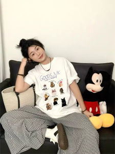 เสื้อยืดแขนสั้นผ้าฝ้ายแท้สไตล์อเมริกันย้อนยุคสำหรับผู้หญิงในช่วงฤดูร้อน เสื้อยืดแขนสั้นพิมพ์ลายสุนัขแบบหลวมๆ ที่สวมใส่สบาย